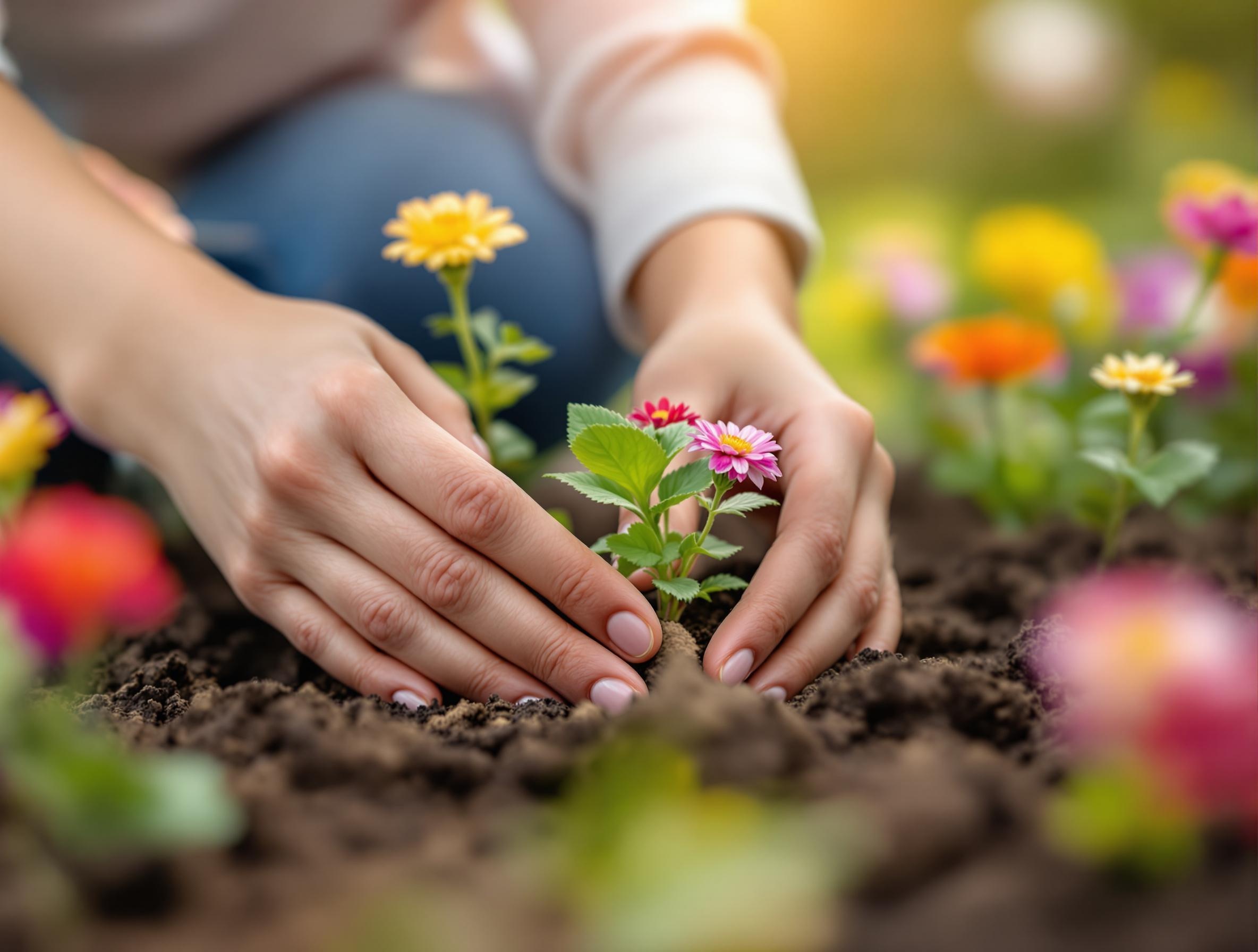 Mother and child's hands planting flowers together in garden soil, representing generational legacy building