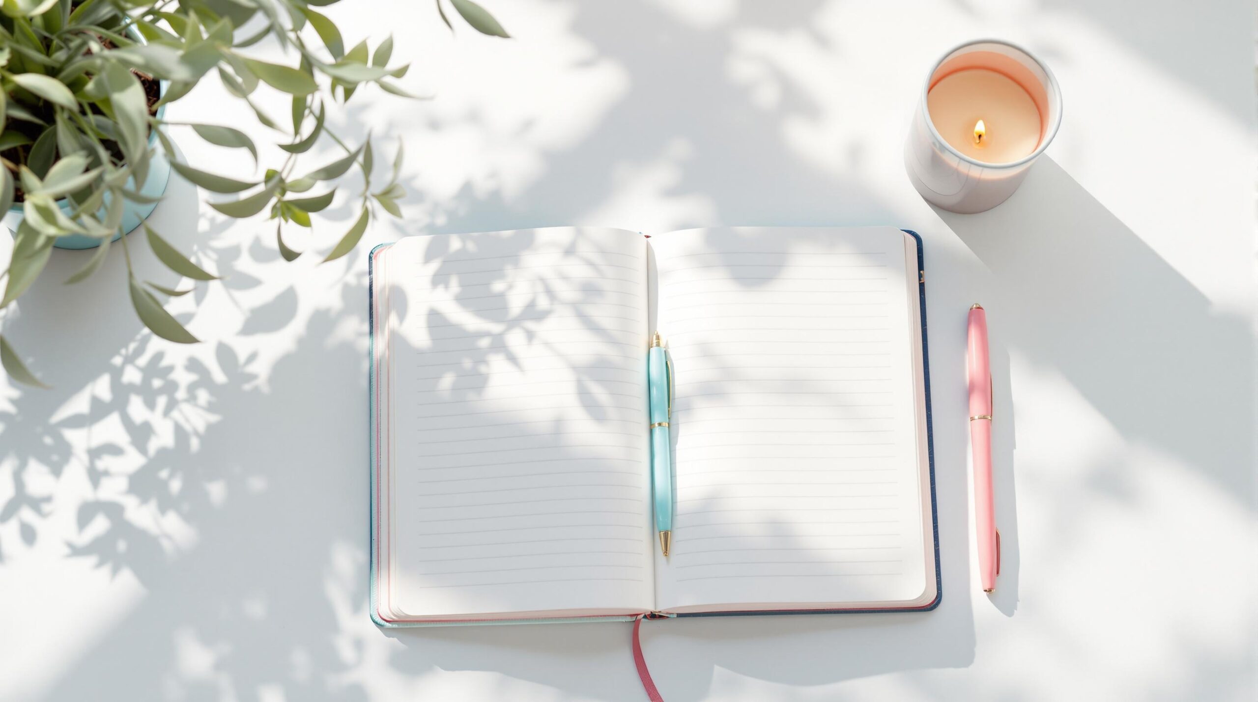 Peaceful desk scene with journal, candle, and plant in turquoise and pink tones, representing intentional living and daily reflection