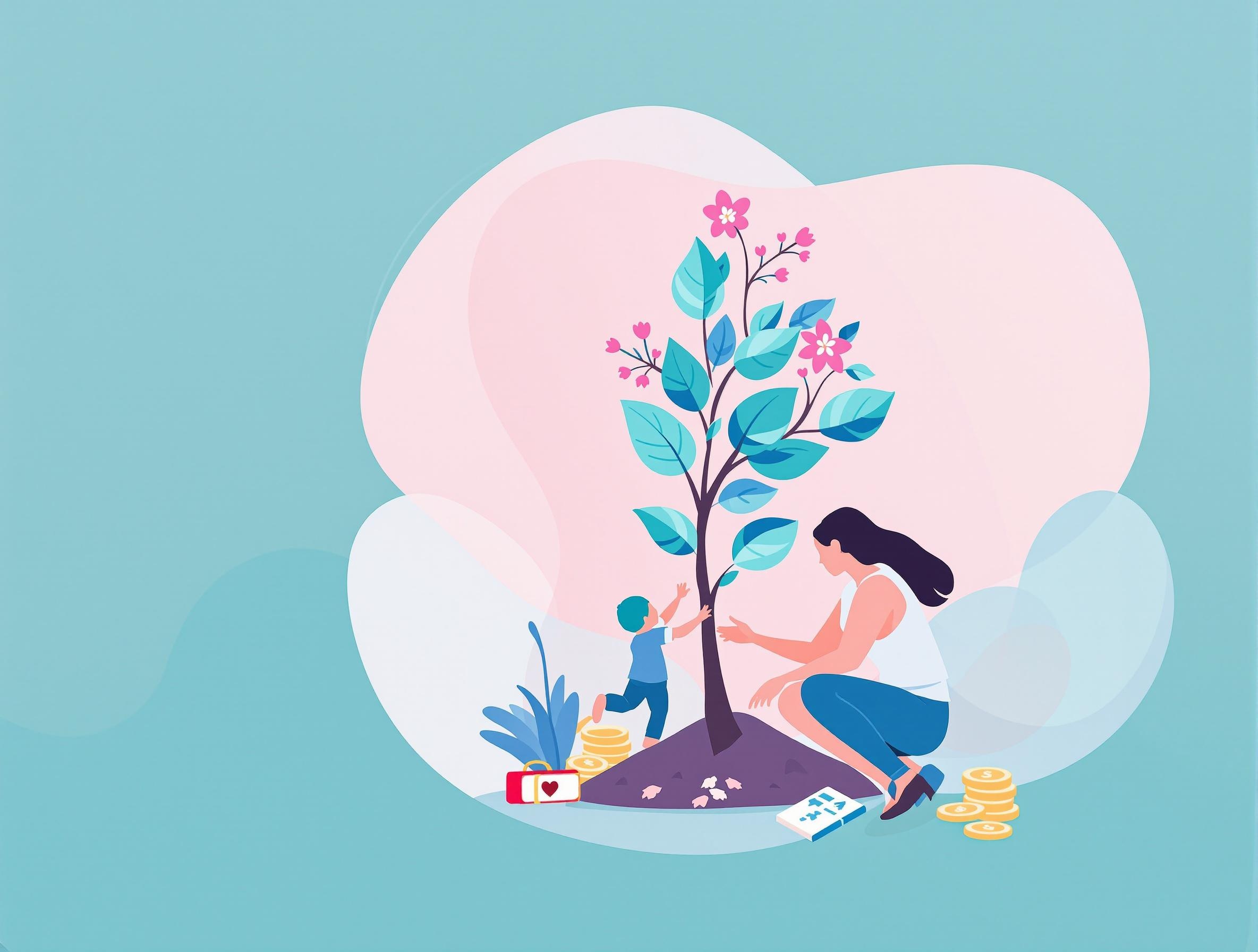 Mother and child planting a money tree with turquoise leaves and pink blossoms, representing financial legacy building in God's economy