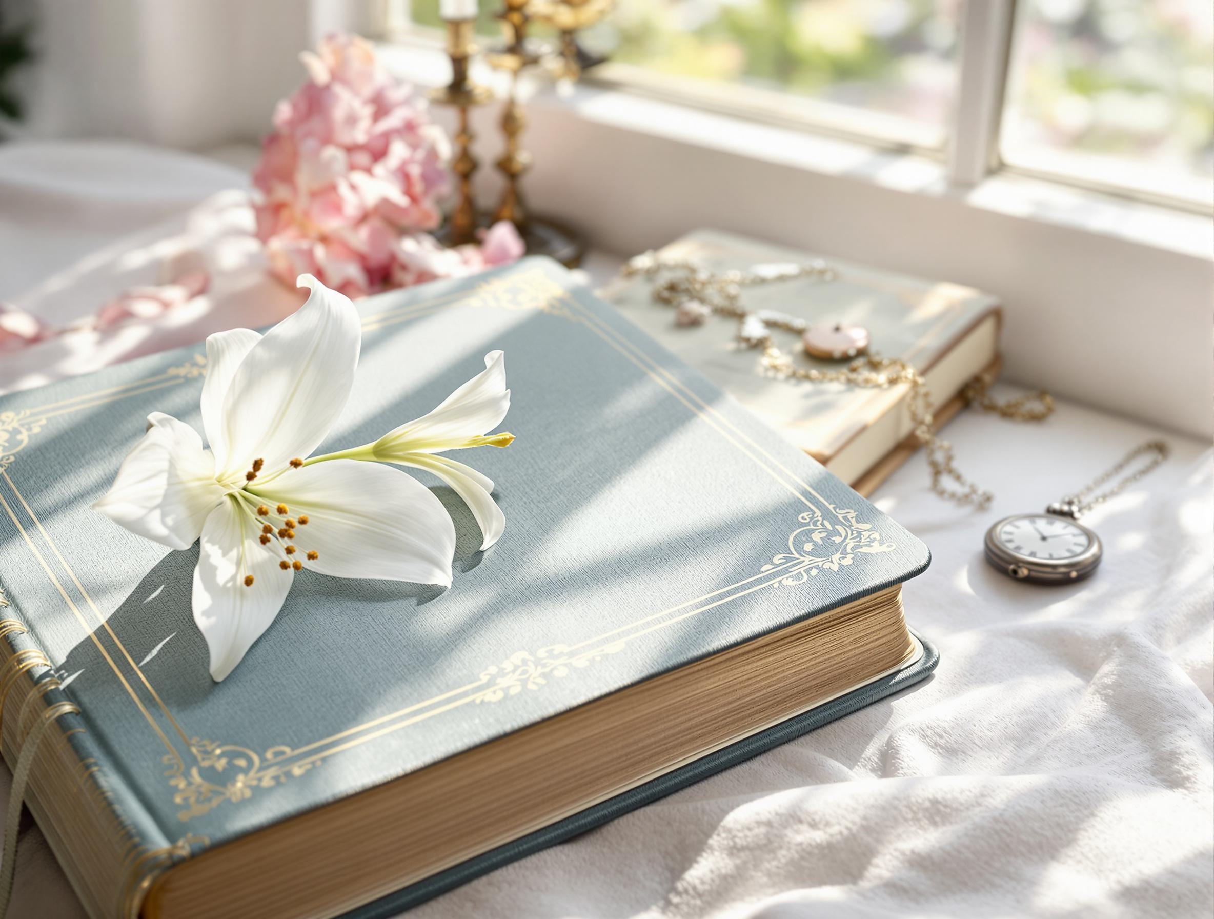 Open Bible with lily flower, journal, and vintage pocket watch in soft morning light with turquoise and pink accents