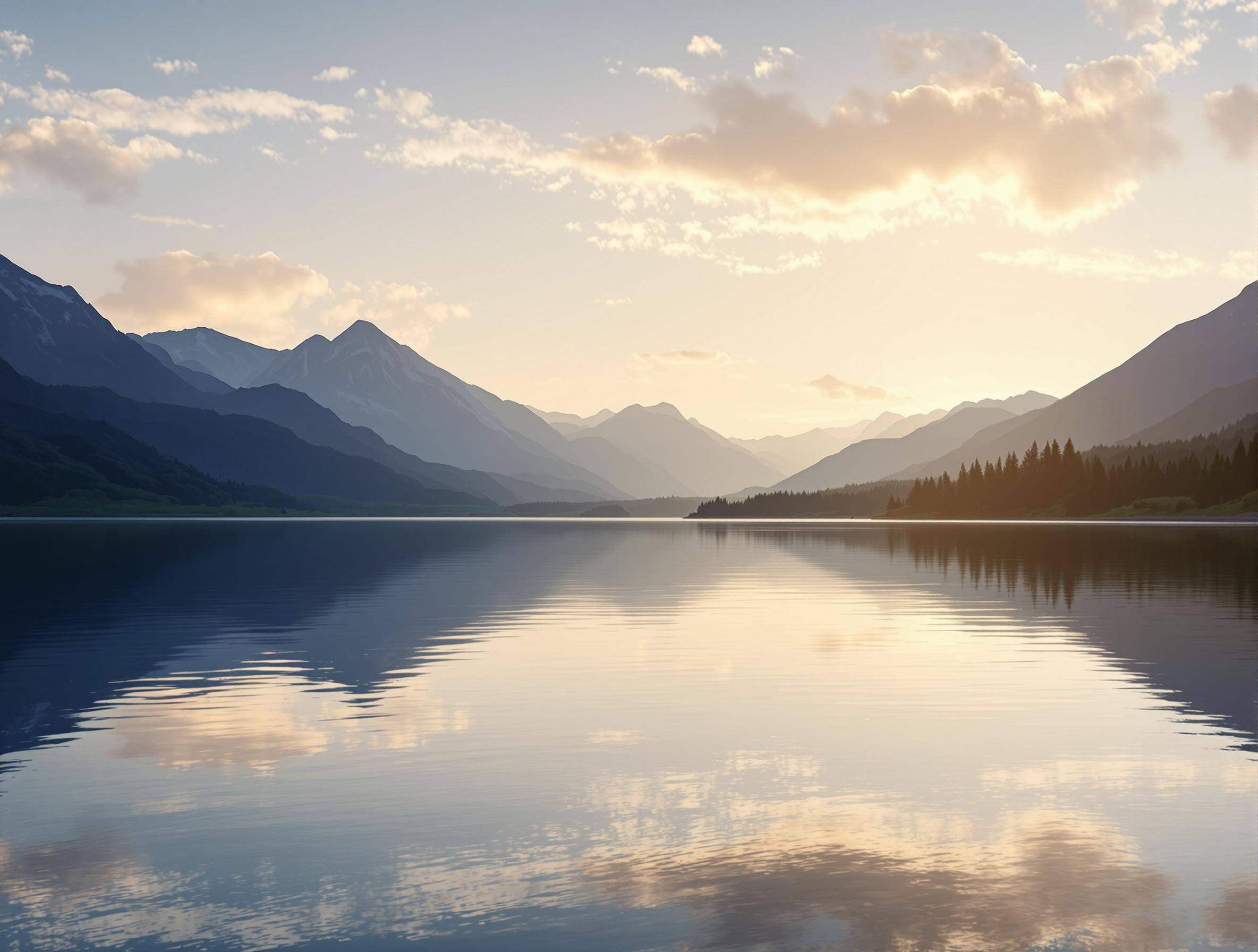 Serene mountain lake at sunset with calm waters reflecting the landscape, symbolizing peace and tranquility in financial stewardship