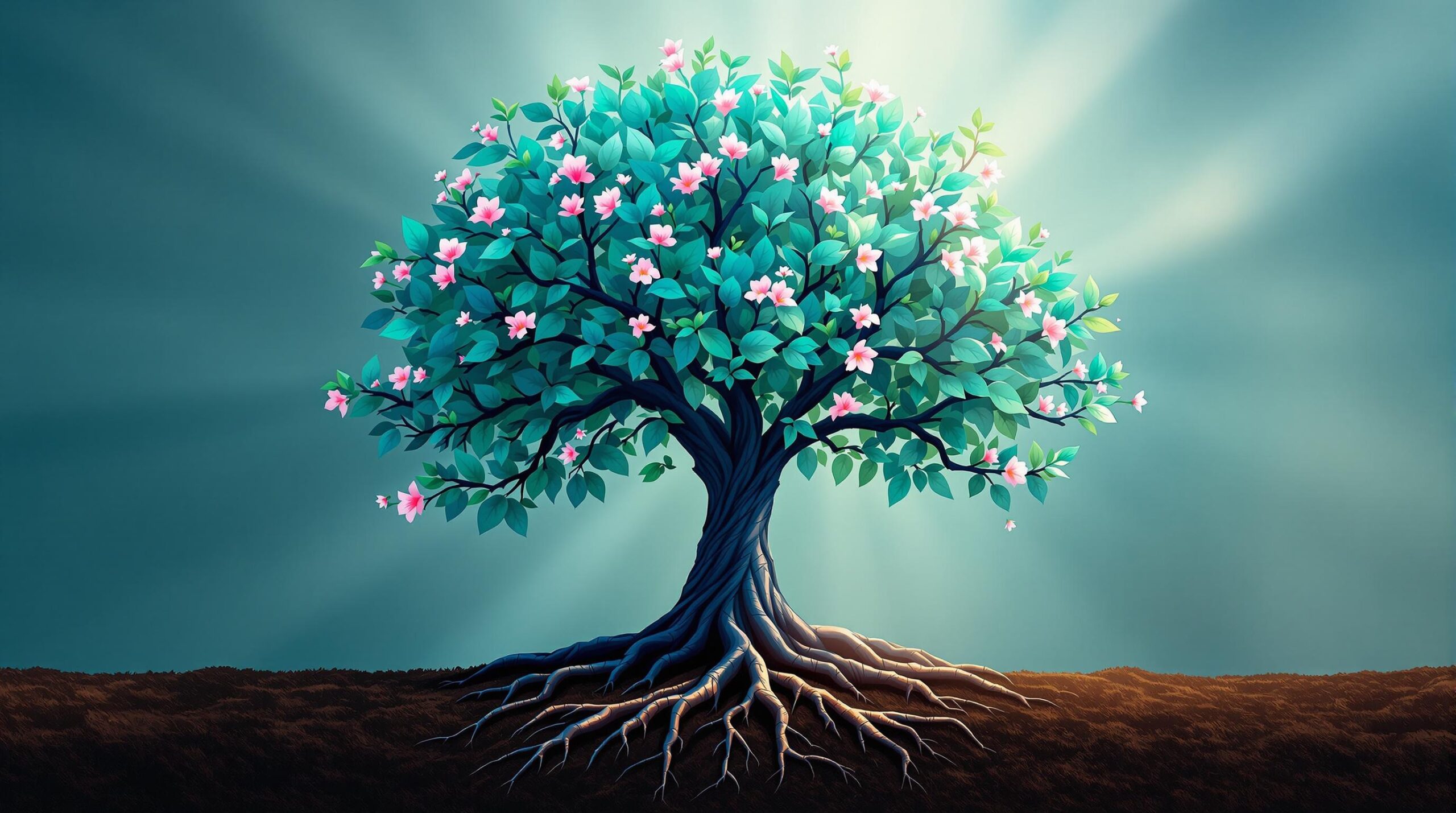 Family tree with turquoise leaves and pink blossoms growing strong against sunlit sky, symbolizing generational financial legacy