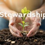 Hands gently tending to a small plant growing from soil with coins at the base, symbolizing biblical stewardship and faithful financial growth.
