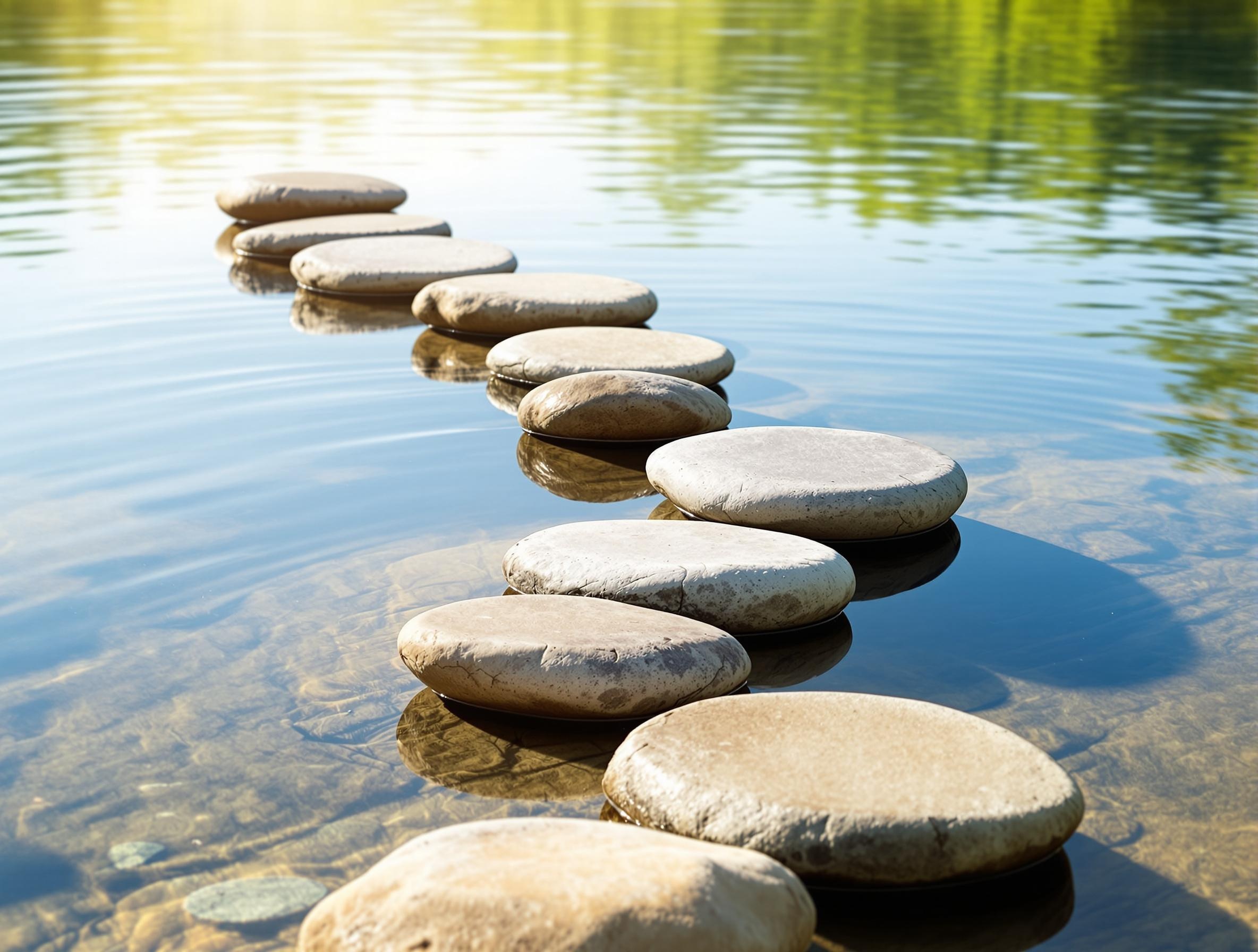 Peaceful stepping stones path across calm water, symbolizing the journey of active stewardship and building a godly legacy