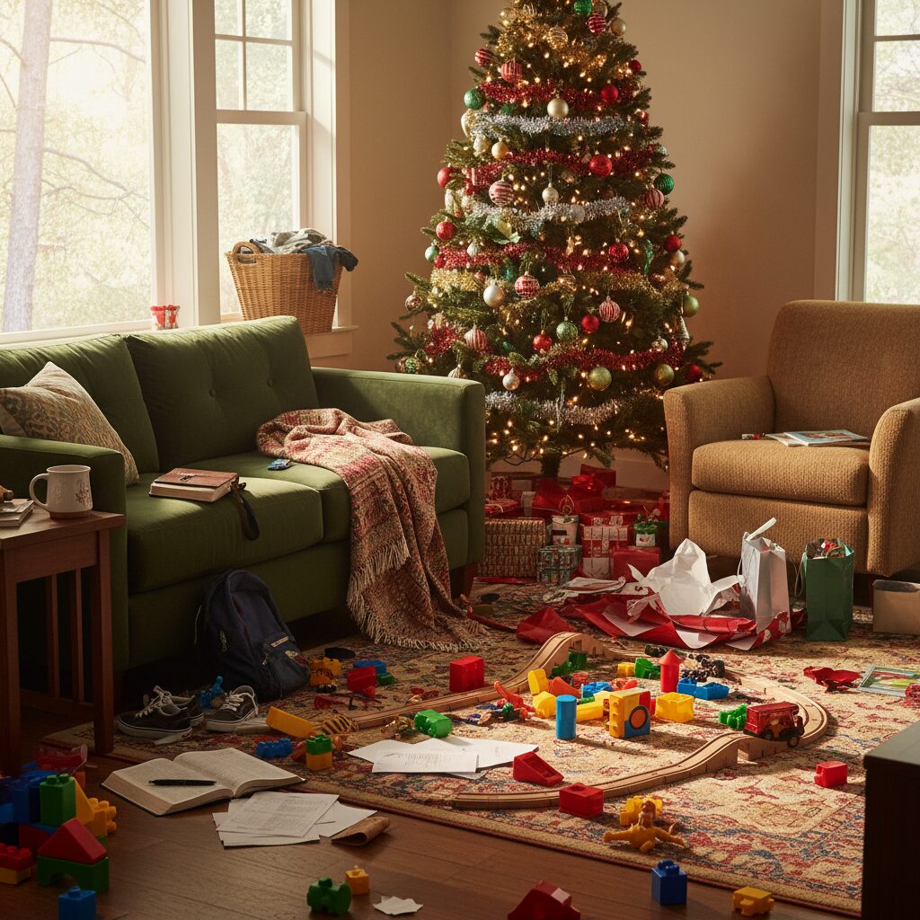Cozy living room with Christmas tree and scattered toys showing the beautiful chaos of motherhood during the holiday season