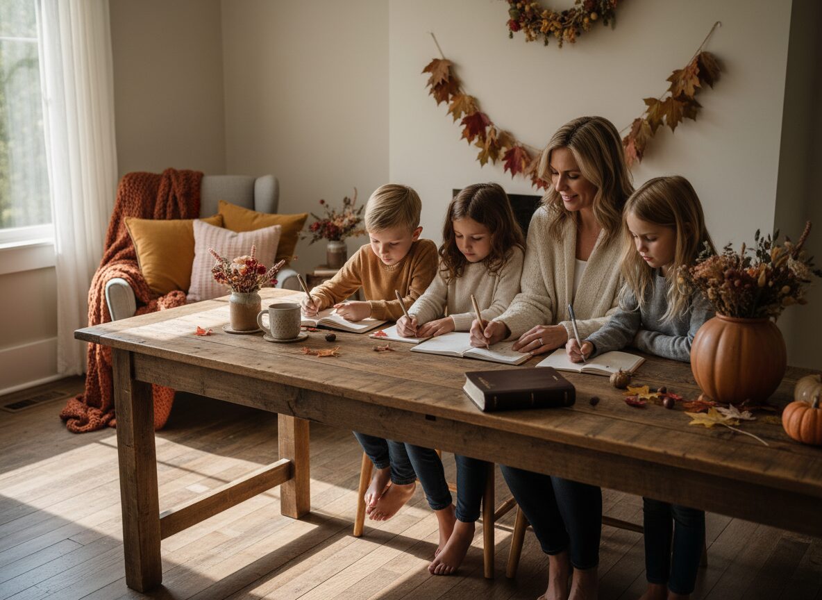 Mother and children writing in gratitude journal together at home with Bible on table - teaching children to be thankful