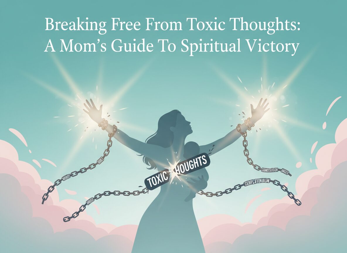Woman breaking free from chains labeled “TOXIC THOUGHTS,” symbolizing freedom and hope for Christian moms.