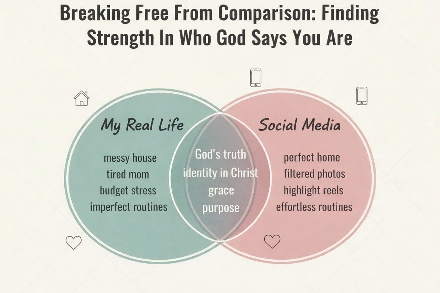 Venn diagram comparing “My Real Life” vs “Social Media” with overlap showing God’s truth, identity in Christ, grace, and purpose.