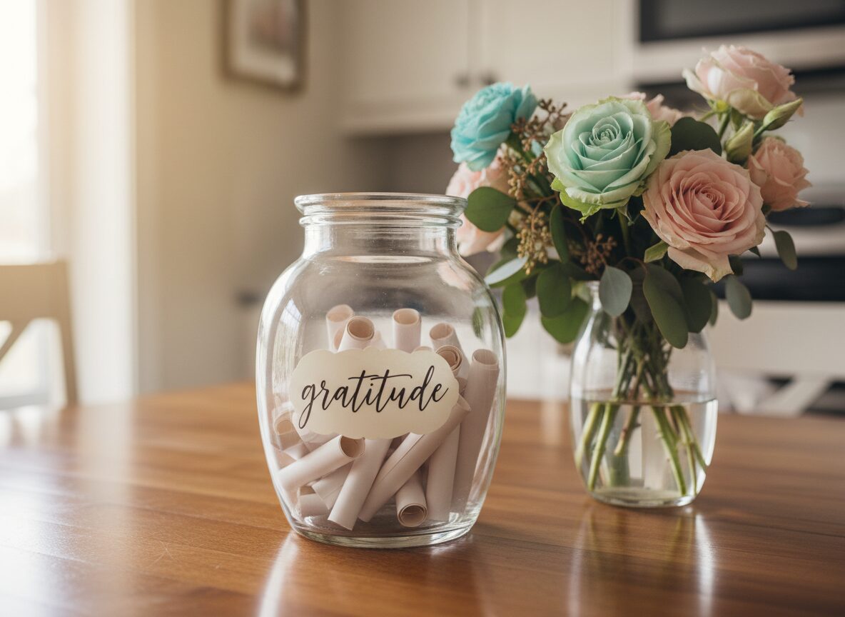 Gratitude jar with blank paper notes and pink flowers on wooden table for Christian moms building family legacy