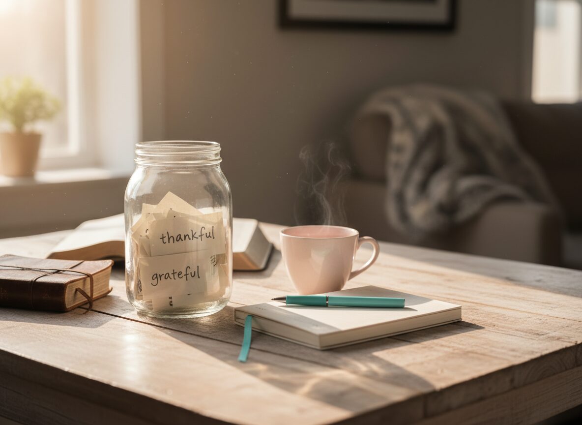 Gratitude jar with handwritten thankful notes beside an open Bible and journal, a simple way to teach kids gratitude at home.