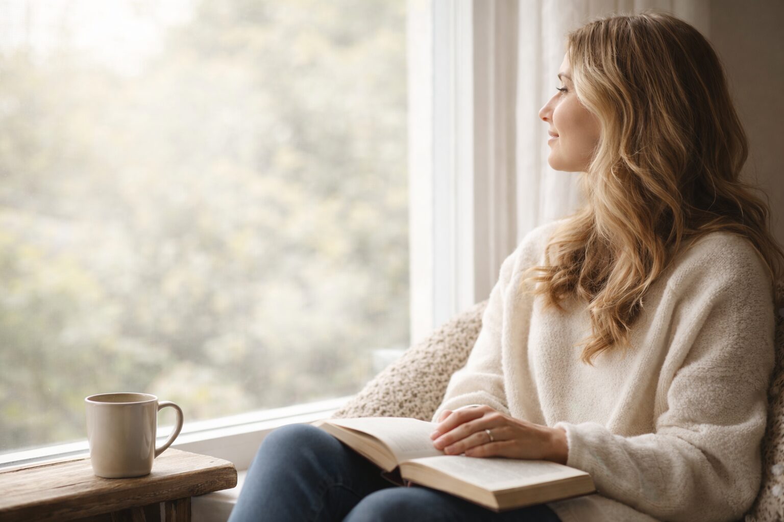 A woman sitting by a window holding an open Bible, reflecting quietly in soft natural light, symbolizing faith, trust, and a steady spiritual foundation.