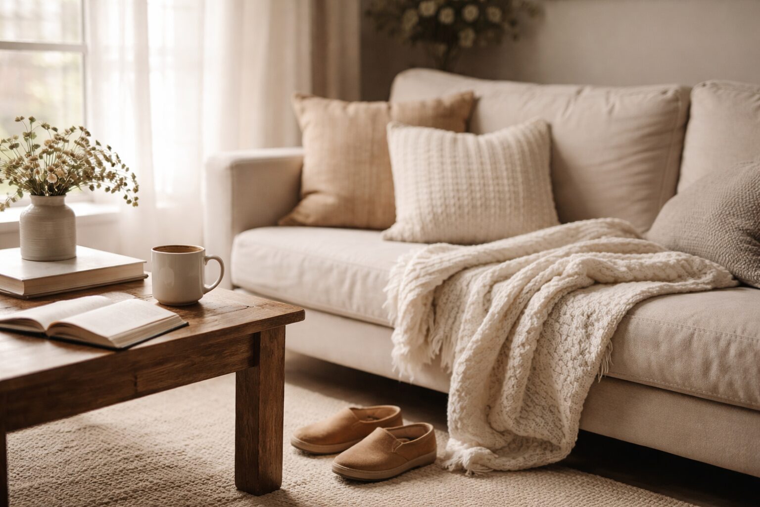 Cozy living room with a neutral couch, rumpled blanket, coffee mug on a wooden table, and shoes on the floor in soft natural light