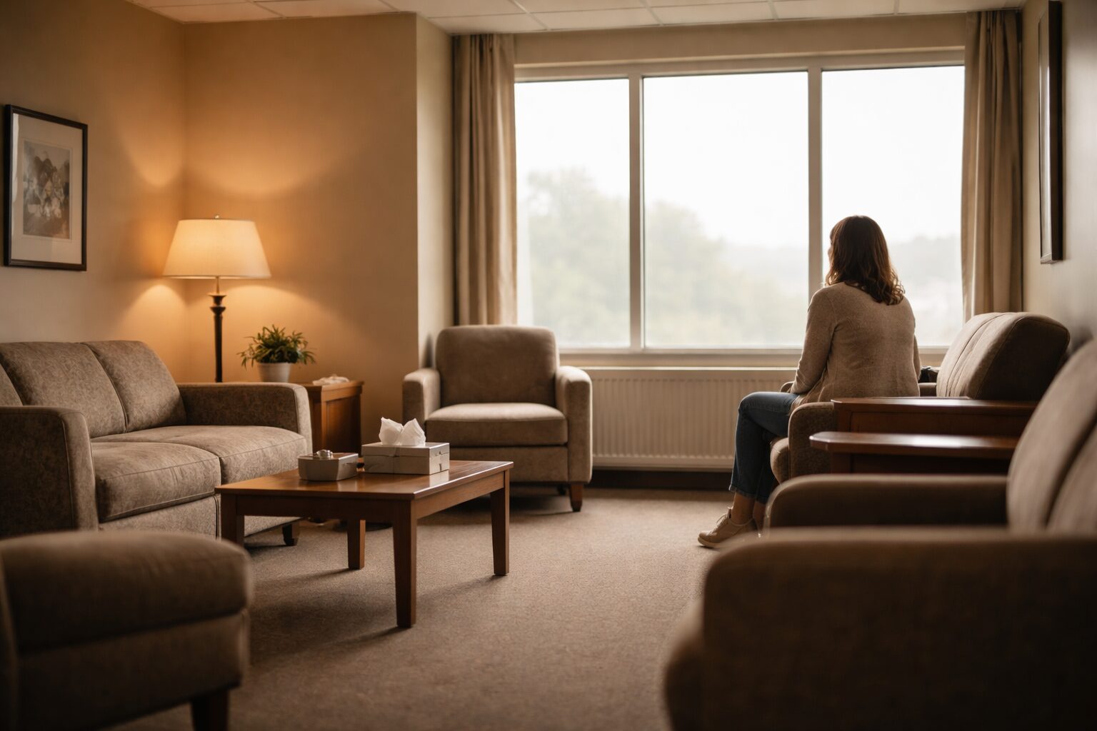 A quiet hospital waiting room with a person sitting near a window, looking outside while waiting.