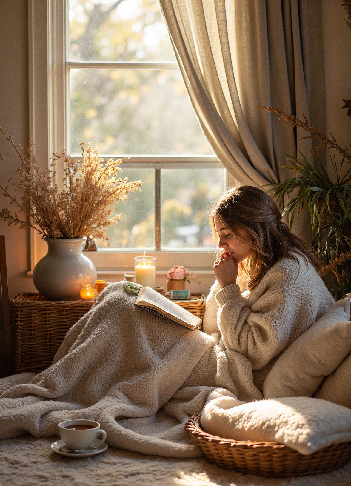 Woman sitting on a bed in soft natural light, reflecting with a Bible nearby during a season of faith and identity