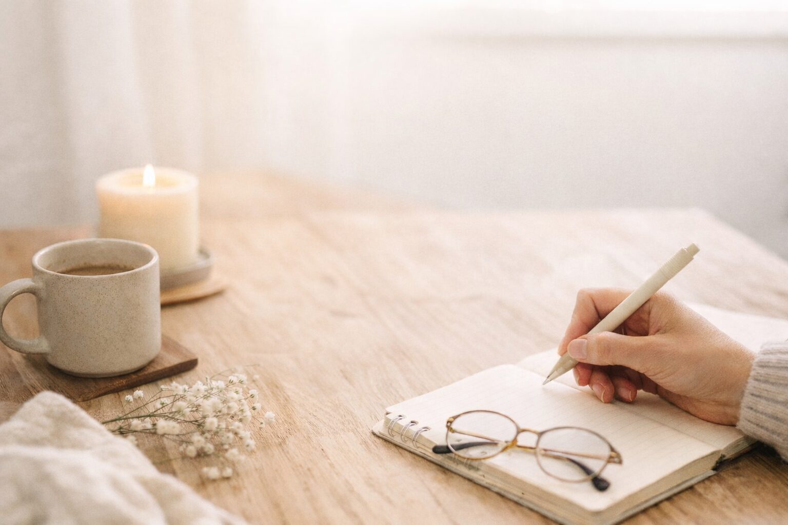 A woman journaling at a quiet table with coffee and a candle, reflecting on financial anxiety and finding peace.