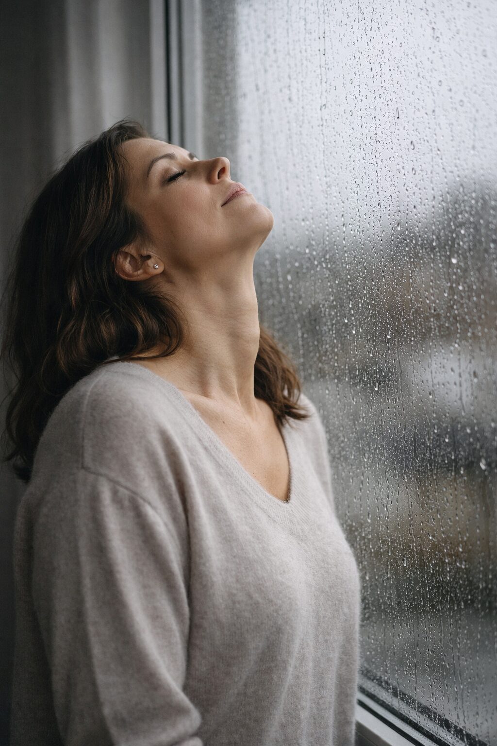 Woman standing beside a rain-covered window with her eyes closed and head tilted back, exhaling as she releases emotional weight during a season of uncertainty.