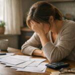Woman sitting at kitchen table with bills and calculator, head in hand, feeling overwhelmed by finances