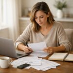 Woman reviewing bills and financial papers at a dining table with a laptop and notebook during a financial waiting season.