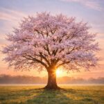 Cherry blossom tree in full bloom standing alone in an open field at sunrise, symbolizing spiritual growth and patience in the process.