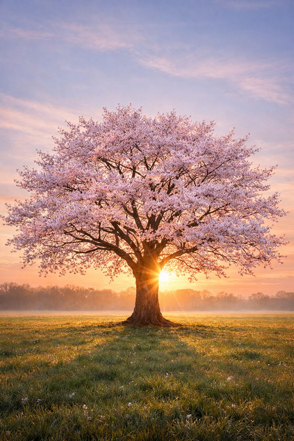 Cherry blossom tree in full bloom standing alone in an open field at sunrise, symbolizing spiritual growth and patience in the process.