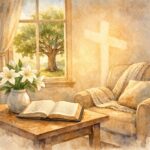 Watercolor illustration of a cozy reading corner with an open Bible on a wooden table, white lilies in a vase, soft sunlight through a window, and an oak tree outside symbolizing rooted faith.
