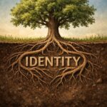 A tree with visible roots growing around the word “identity” in the soil, symbolizing strength and legacy rooted in identity rather than endurance.