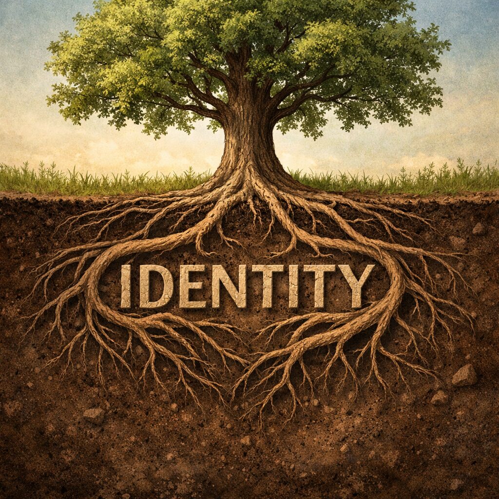 A tree with visible roots growing around the word “identity” in the soil, symbolizing strength and legacy rooted in identity rather than endurance.