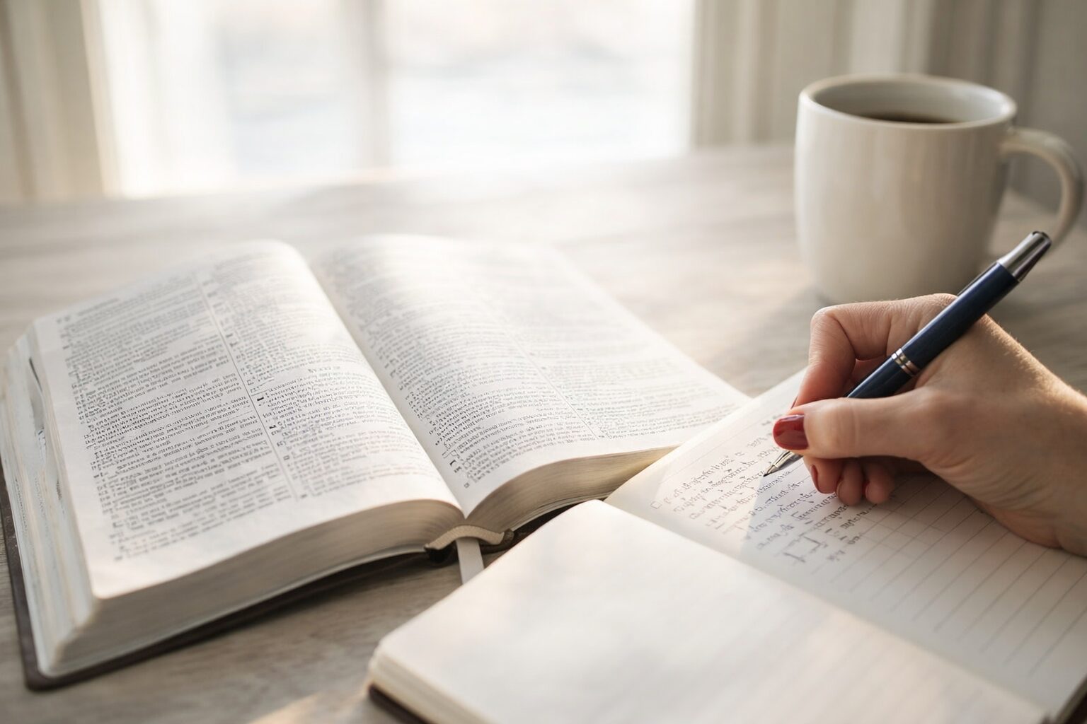 Woman writing in a journal beside an open Bible in natural light, symbolizing replacing lies with God’s truth in motherhood.