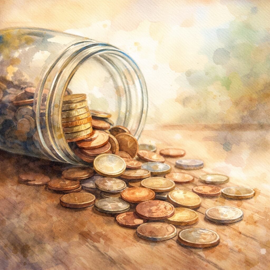 Watercolor illustration of coins spilling from a glass jar on a wooden table representing balanced financial stewardship.