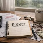 Budgeting in hard seasons with bills, calculator, and handwritten budget notebook on a kitchen table