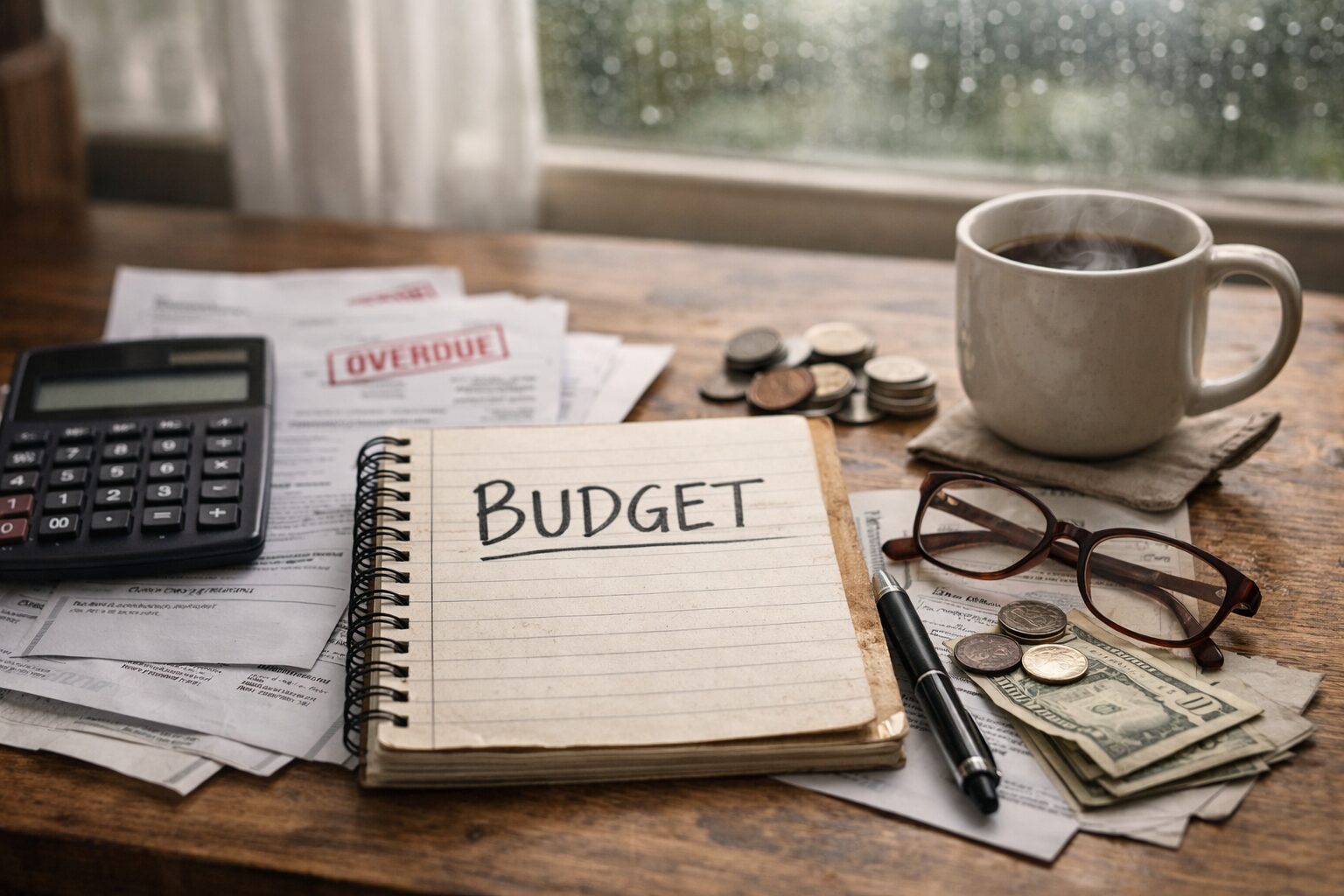 Budgeting in hard seasons with bills, calculator, and handwritten budget notebook on a kitchen table