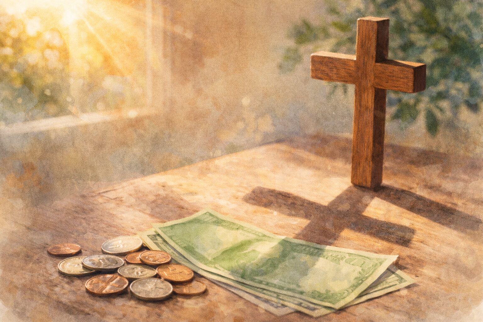 Watercolor illustration of a wooden cross casting a shadow over money on a table, symbolizing Christian money management and biblical stewardship