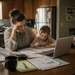 Mom and young child sitting at a kitchen table reviewing bills and finances with a laptop and paperwork in a softly lit home