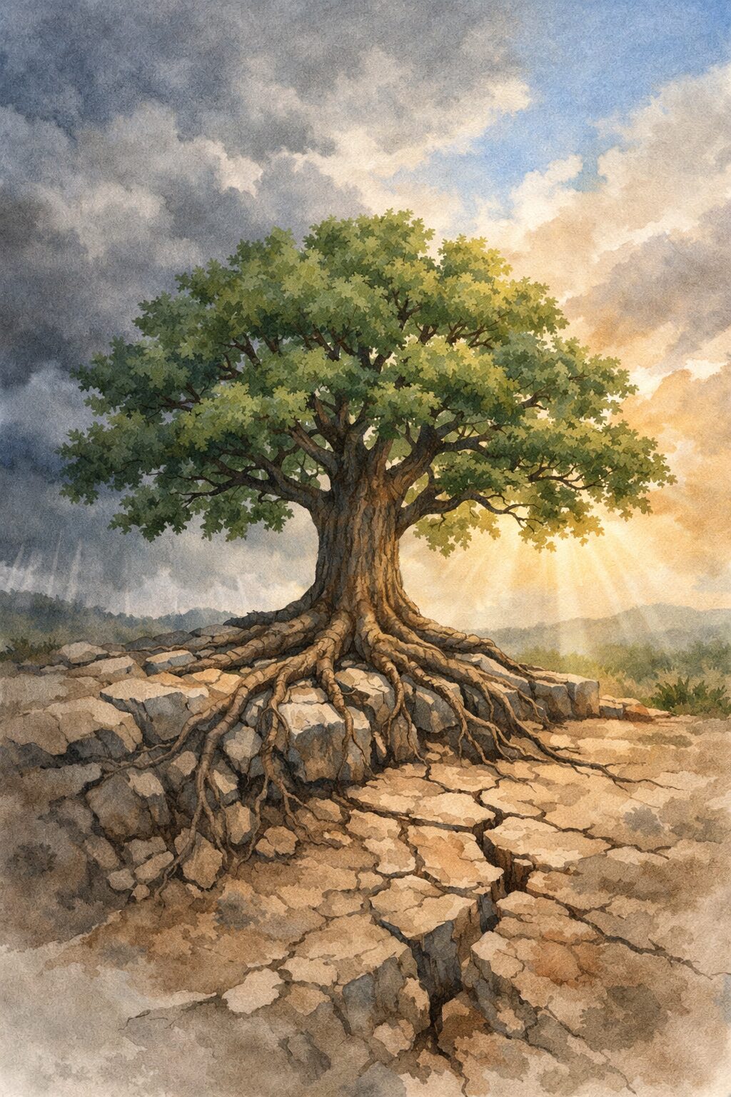 Watercolor illustration of a strong oak tree with deep roots gripping into rock while cracked ground and storm clouds surround it with light breaking through