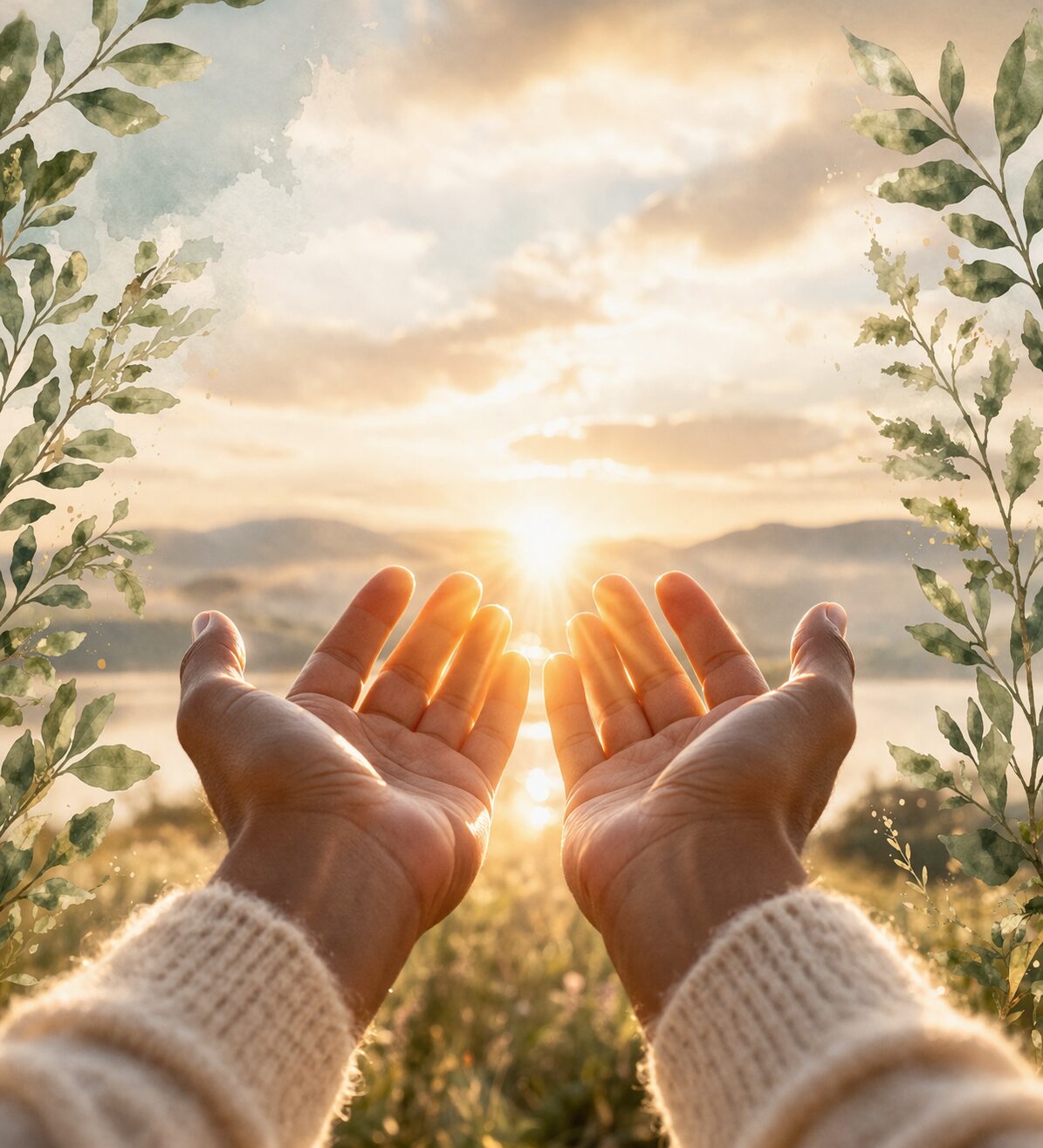 Open hands lifted toward warm sunlight over a peaceful landscape, symbolizing surrender, trust, and biblical stewardship