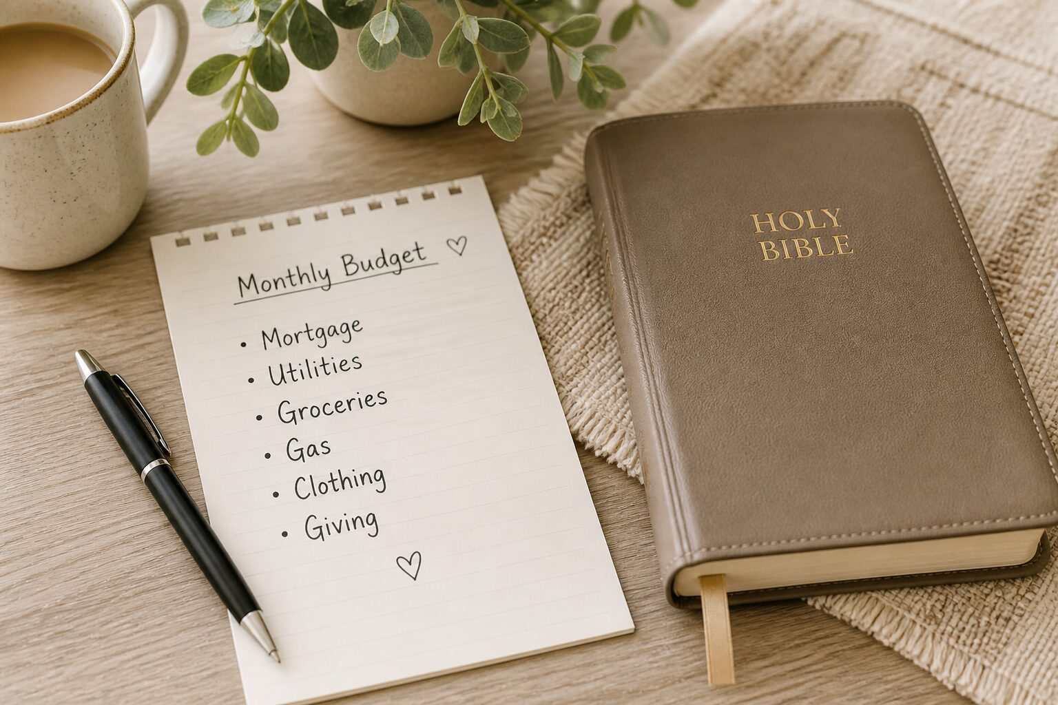 A handwritten monthly budget list with categories like mortgage, utilities, groceries, gas, clothing, and giving next to a closed Bible on a soft, neutral-toned table.