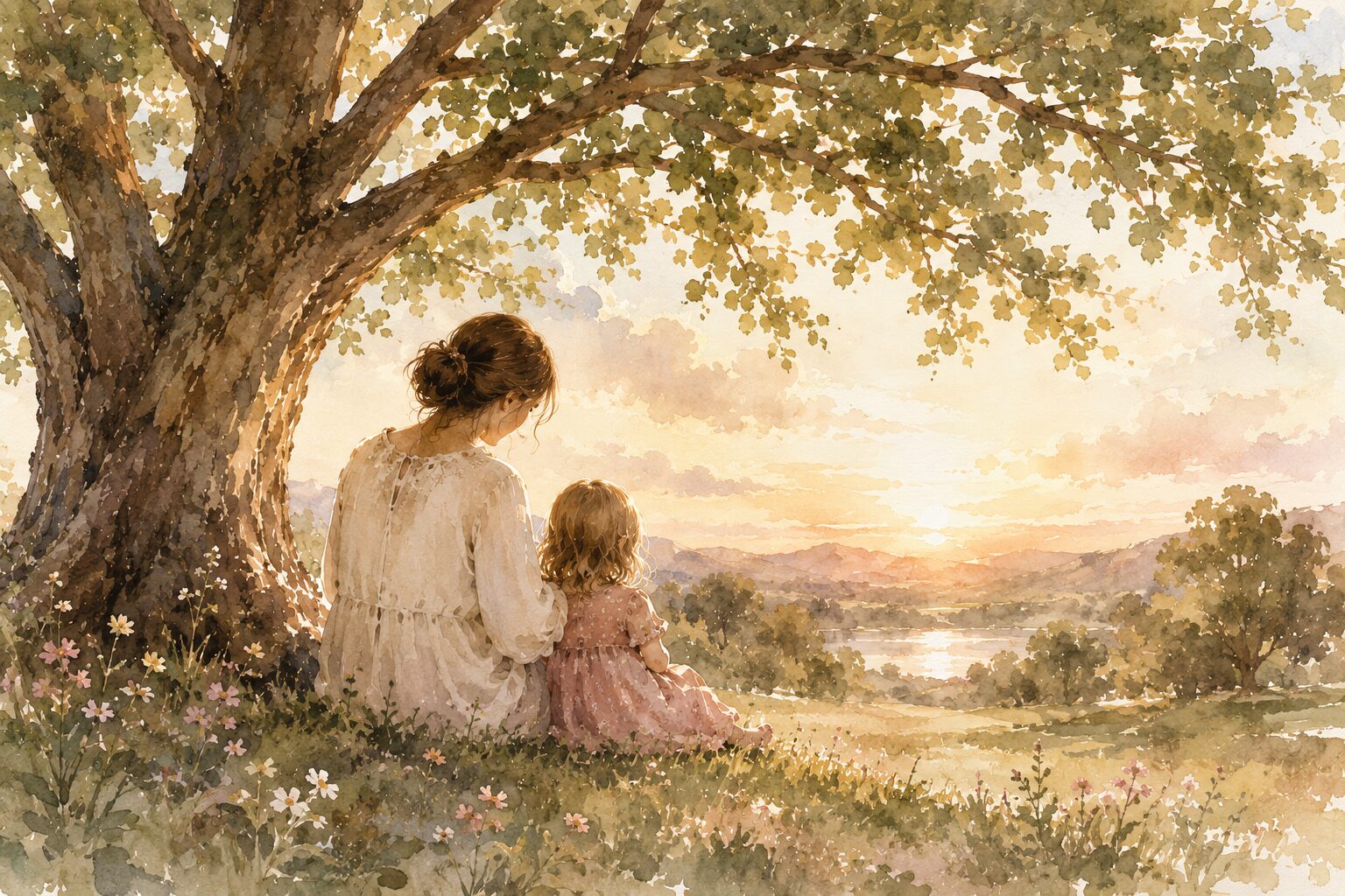 Soft watercolor illustration of a mother and child sitting beneath a large oak tree at sunset, symbolizing faithful and rooted motherhood.