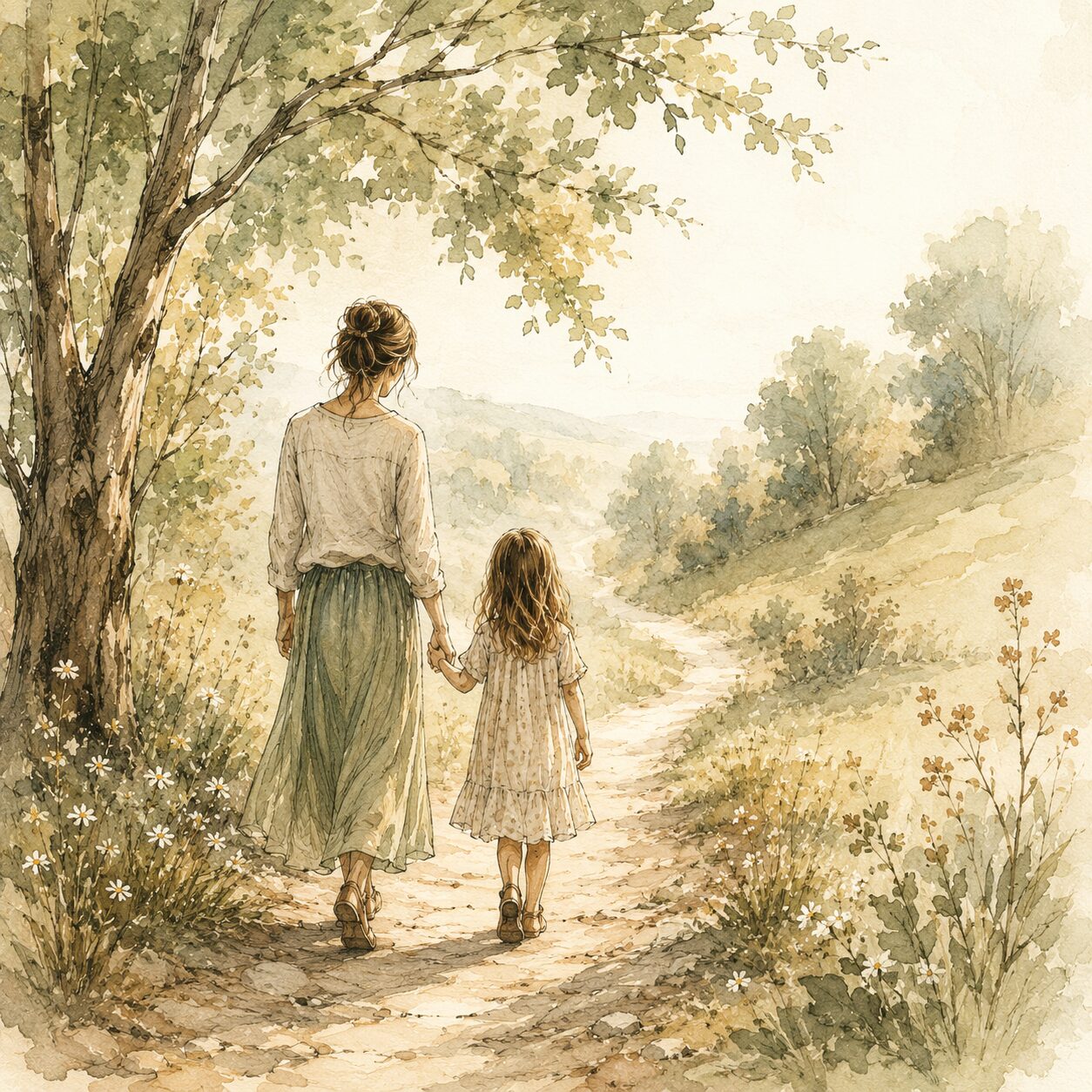 Watercolor-style illustration of a mother and daughter walking together along a peaceful woodland path representing legacy, family rhythms, and intentional motherhood