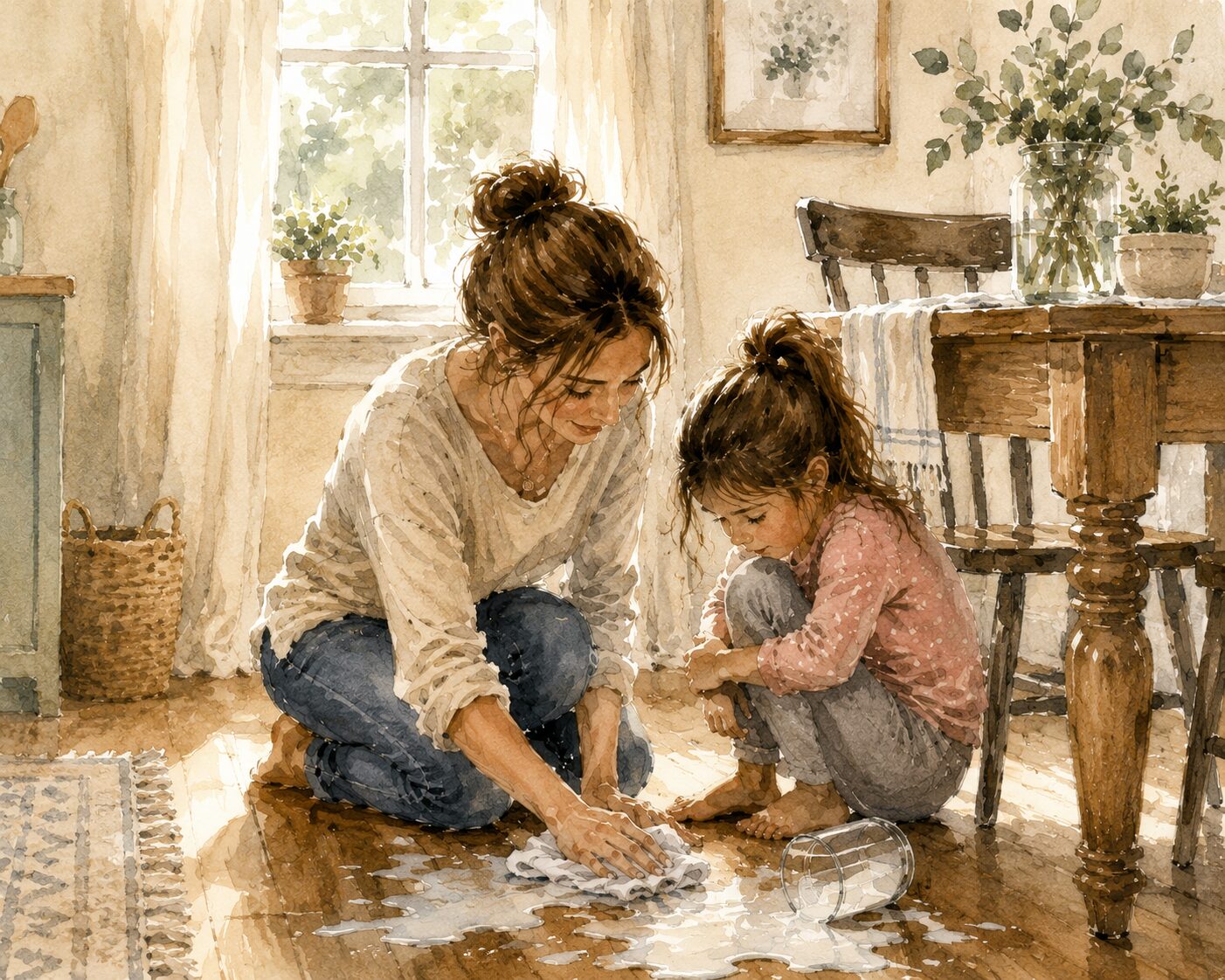 Soft watercolor illustration of a mother and daughter cleaning up spilled milk together in a cozy kitchen, representing grace, connection, and the everyday moments children remember.