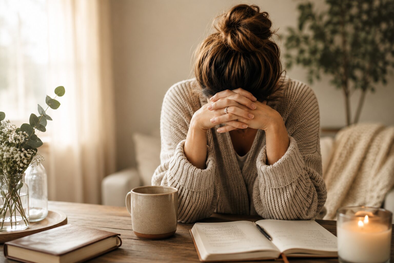 A weary mother sits at a wooden table in a softly lit living room with her head resting on folded hands beside an open journal, coffee mug, candle, and Bible, reflecting emotional exhaustion and quiet surrender.
