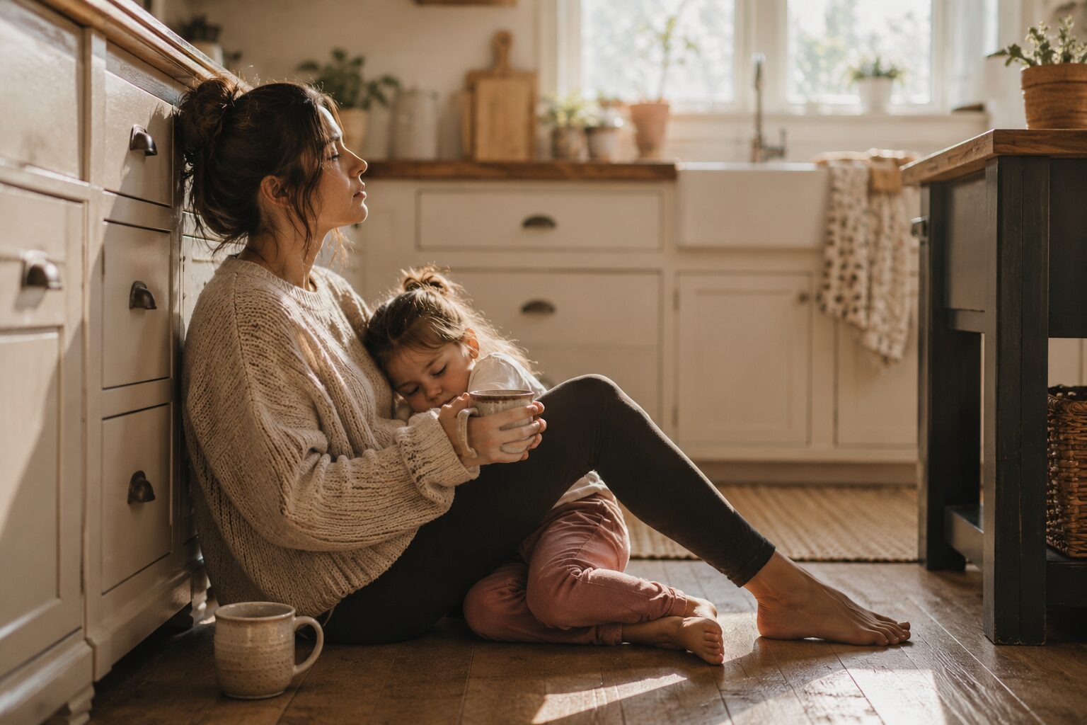 A weary mother sits quietly on a kitchen floor in soft morning light while her young daughter rests against her lap, reflecting a gentle and grounded picture of motherhood.