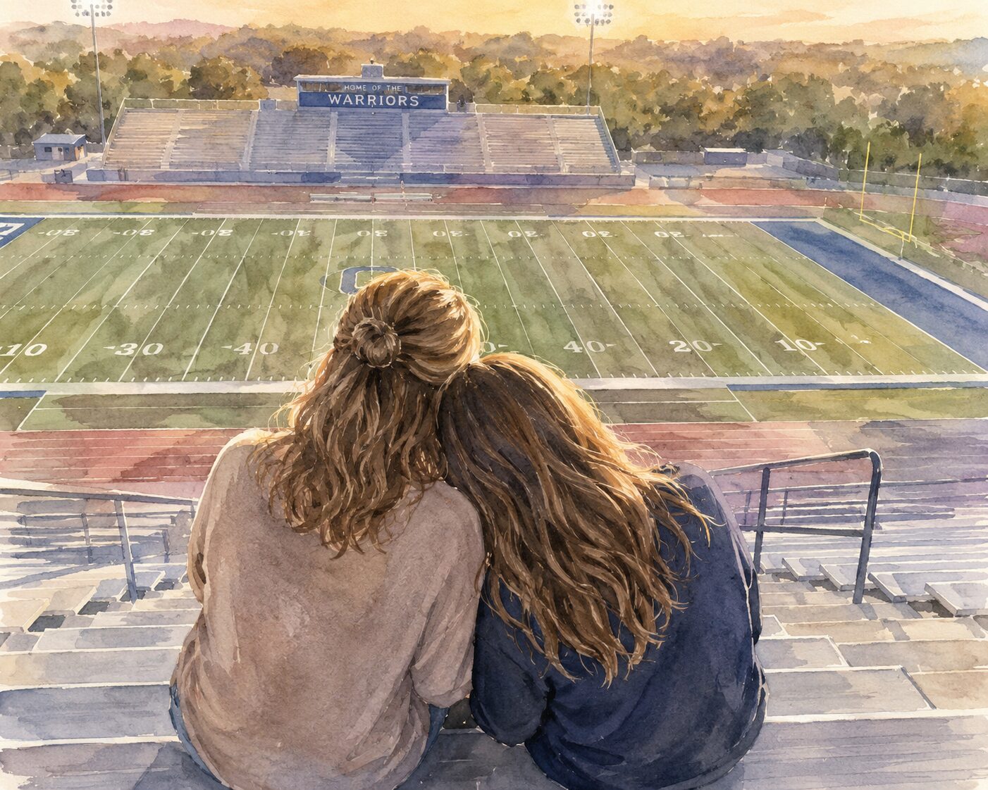 Watercolor illustration of a mother and teenage daughter sitting together on school stadium bleachers overlooking a football field during senior year season.