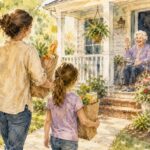 Watercolor illustration of a mother and child carrying grocery bags to an elderly woman sitting on her front porch, modeling generosity and service through everyday acts of kindness.