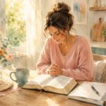 Watercolor illustration of a Christian mother sitting at a kitchen table in the early morning with an open Bible, coffee mug, and planner as sunlight streams through a nearby window.
