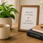 Coffee mug, Bible, journal, and framed reminder that wealth is a tool and God is our source on a wooden table.