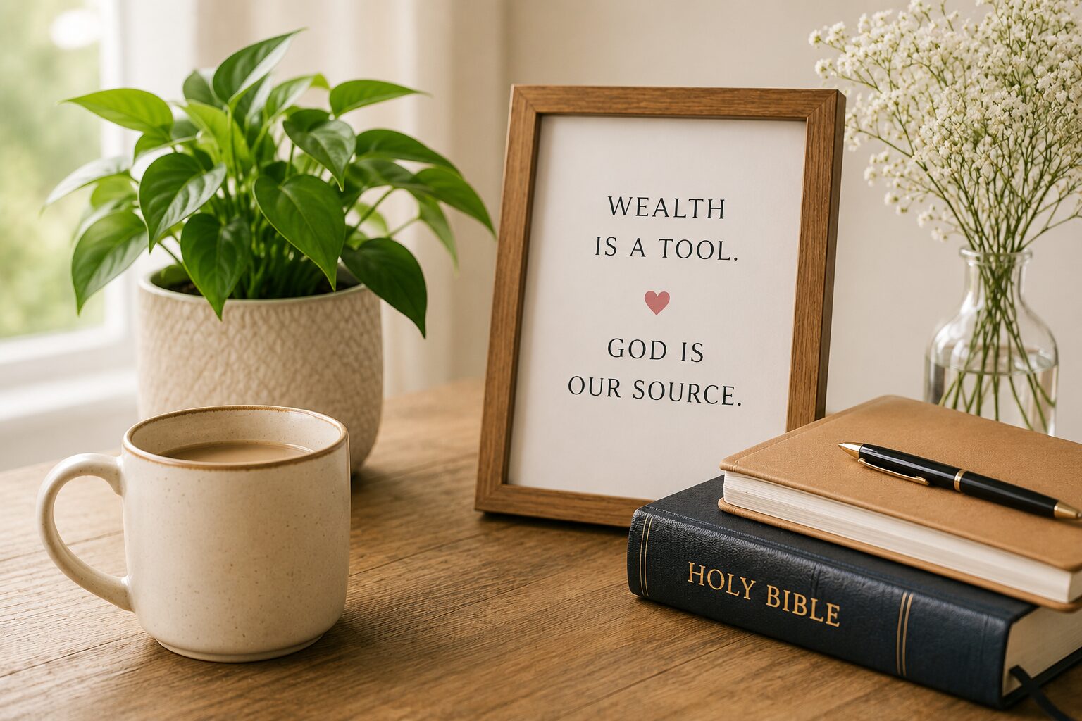 Coffee mug, Bible, journal, and framed reminder that wealth is a tool and God is our source on a wooden table.